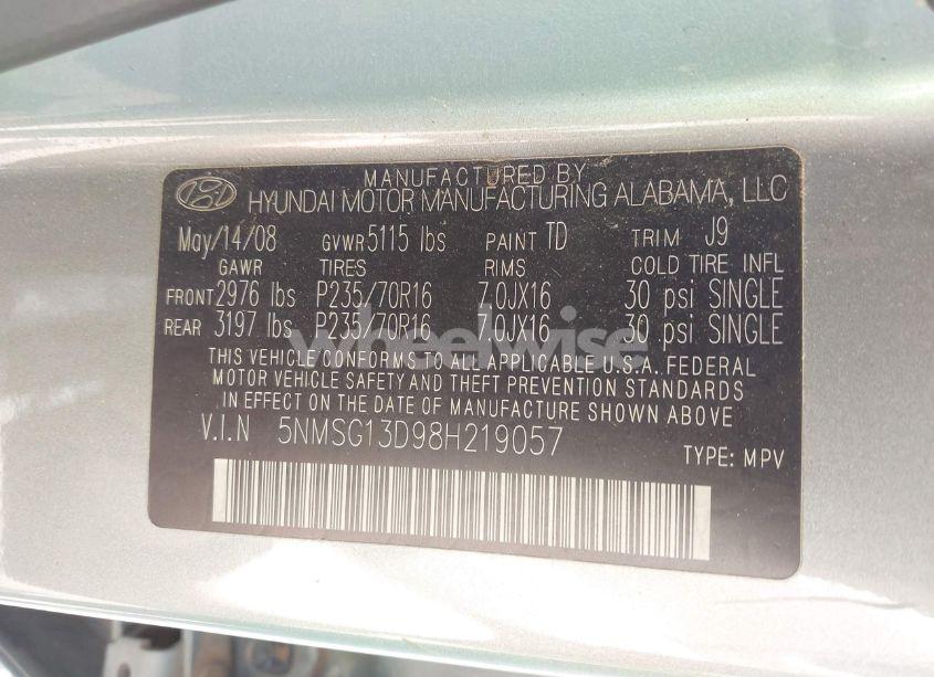 Photo 9 of 2008 Hyundai Santa FE GLS (VIN 5NMSG13D98H219057)