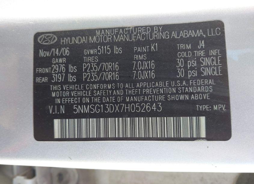 Photo 9 of 2007 Hyundai Santa FE GLS (VIN 5NMSG13DX7H052643)