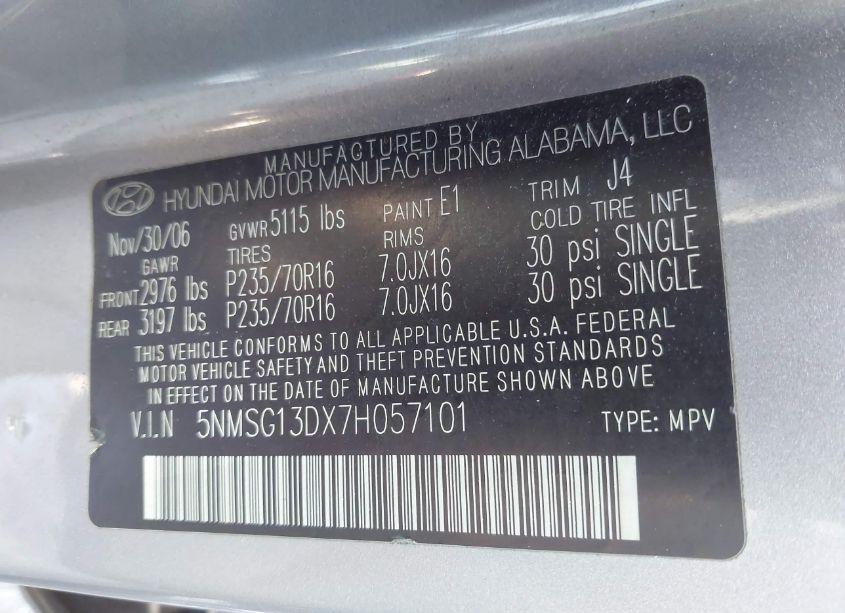 Photo 9 of 2007 Hyundai Santa FE GLS (VIN 5NMSG13DX7H057101)