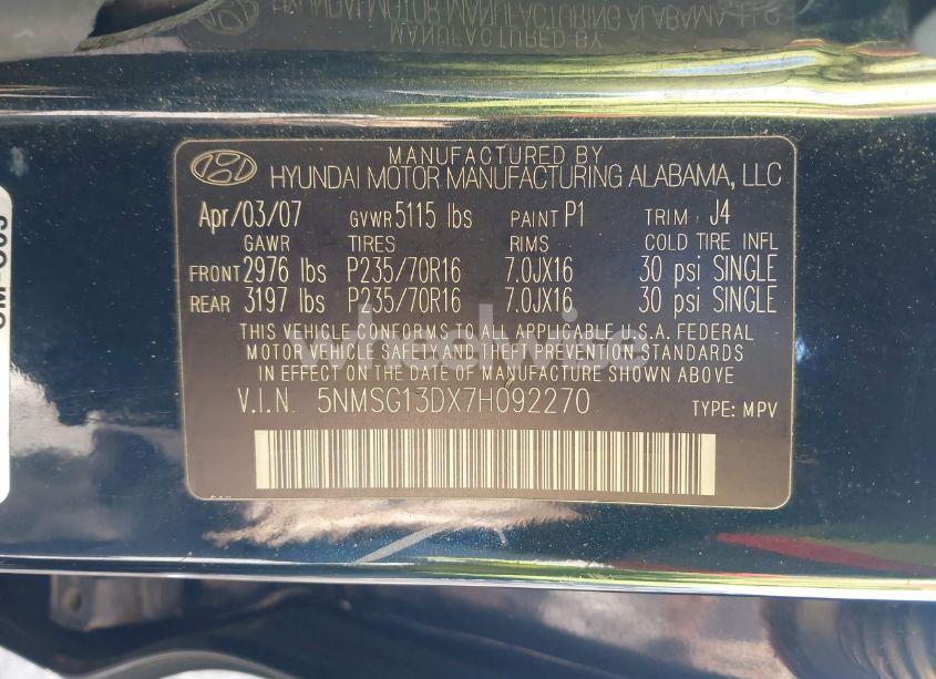 Photo 9 of 2007 Hyundai Santa FE GLS (VIN 5NMSG13DX7H092270)