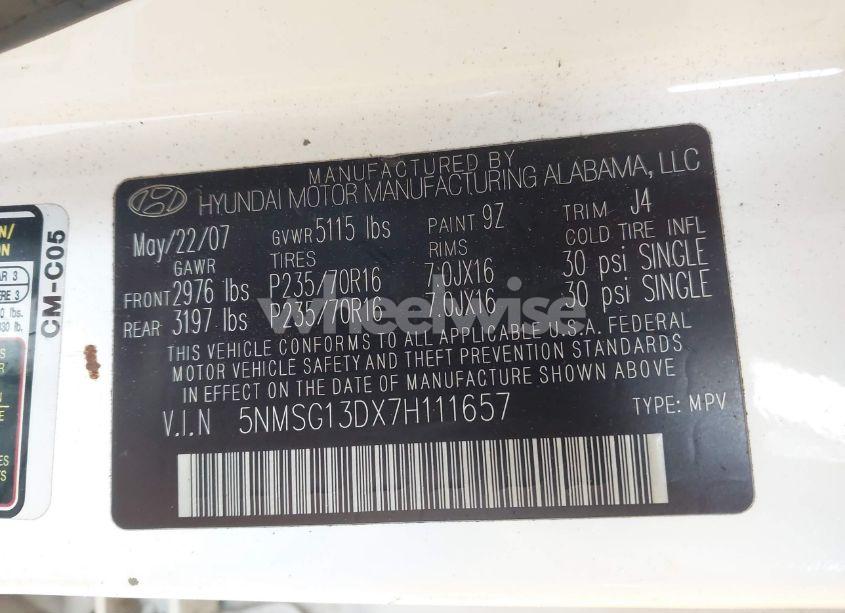 Photo 9 of 2007 Hyundai Santa FE GLS (VIN 5NMSG13DX7H111657)