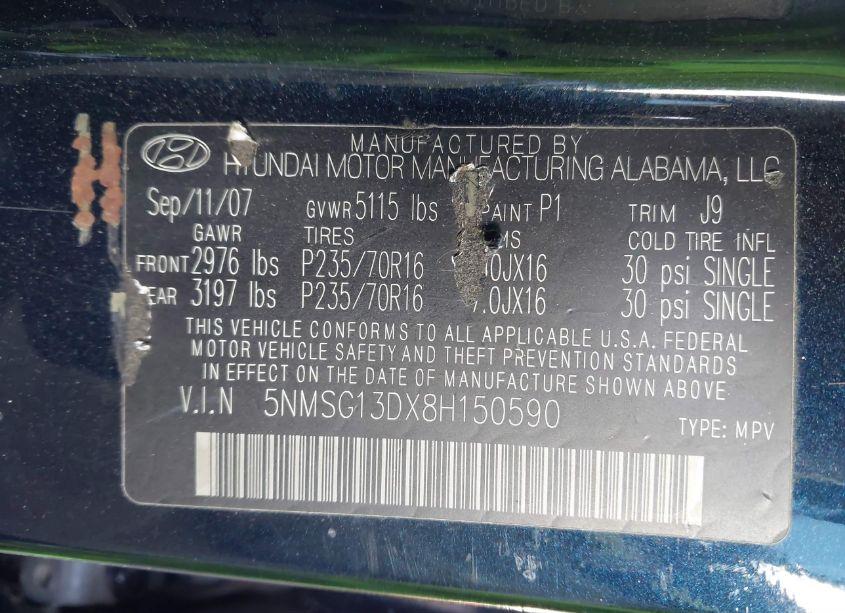 Photo 9 of 2008 Hyundai Santa FE GLS (VIN 5NMSG13DX8H150590)