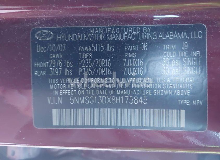 Photo 9 of 2008 Hyundai Santa FE GLS (VIN 5NMSG13DX8H175845)