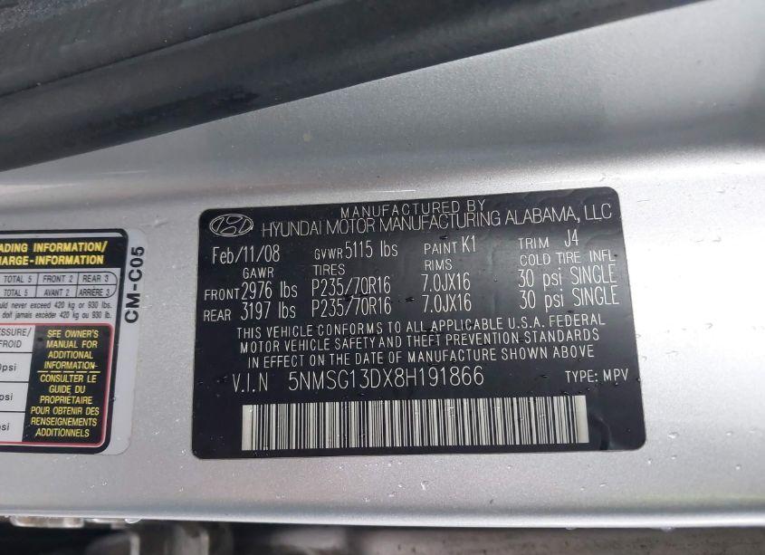 Photo 9 of 2008 Hyundai Santa FE GLS (VIN 5NMSG13DX8H191866)