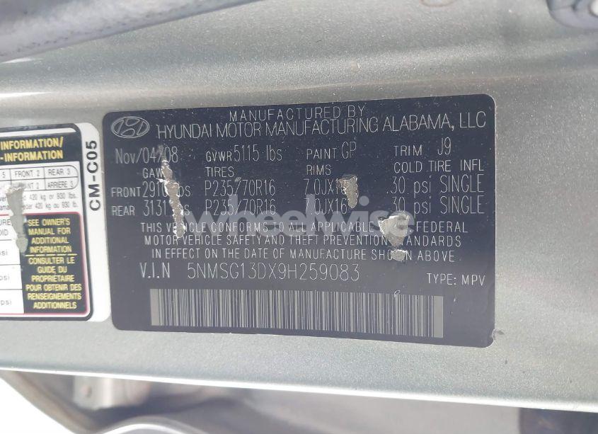 Photo 9 of 2009 Hyundai Santa FE GLS (VIN 5NMSG13DX9H259083)
