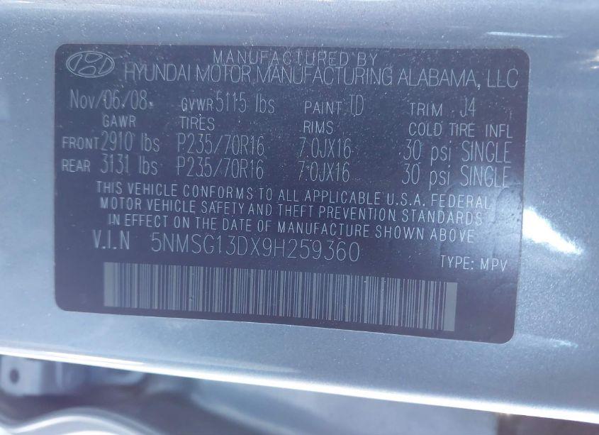 Photo 9 of 2009 Hyundai Santa FE GLS (VIN 5NMSG13DX9H259360)