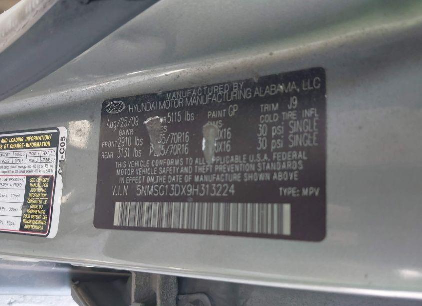 Photo 9 of 2009 Hyundai Santa FE GLS (VIN 5NMSG13DX9H313224)