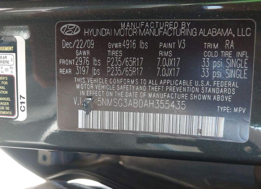 Photo 9 of 2010 Hyundai Santa FE GLS (VIN 5NMSG3AB0AH355435)