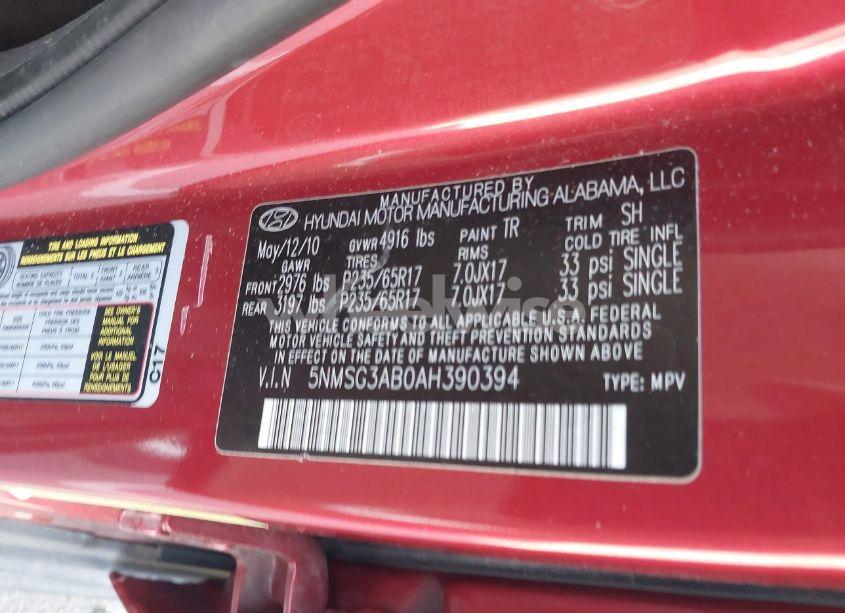 Photo 9 of 2010 Hyundai Santa FE GLS (VIN 5NMSG3AB0AH390394)