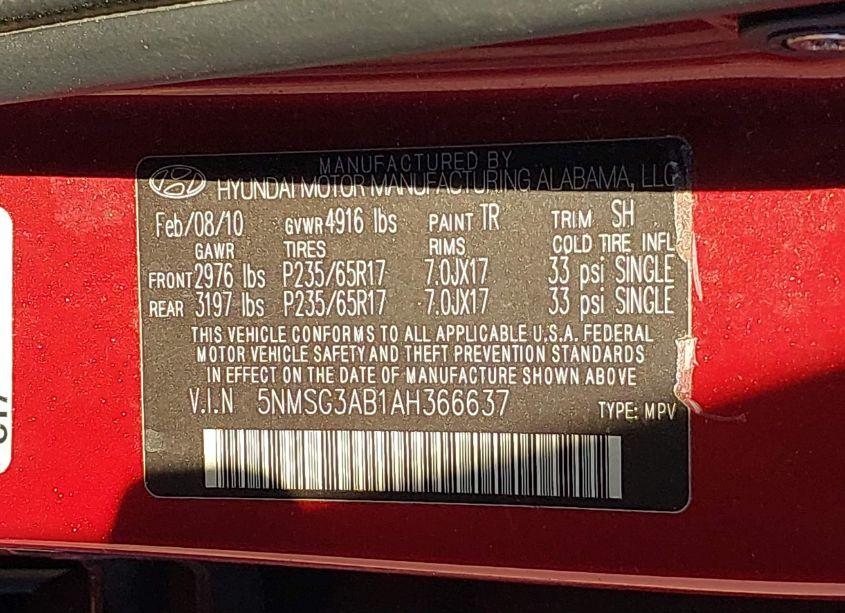 Photo 9 of 2010 Hyundai Santa FE GLS (VIN 5NMSG3AB1AH366637)