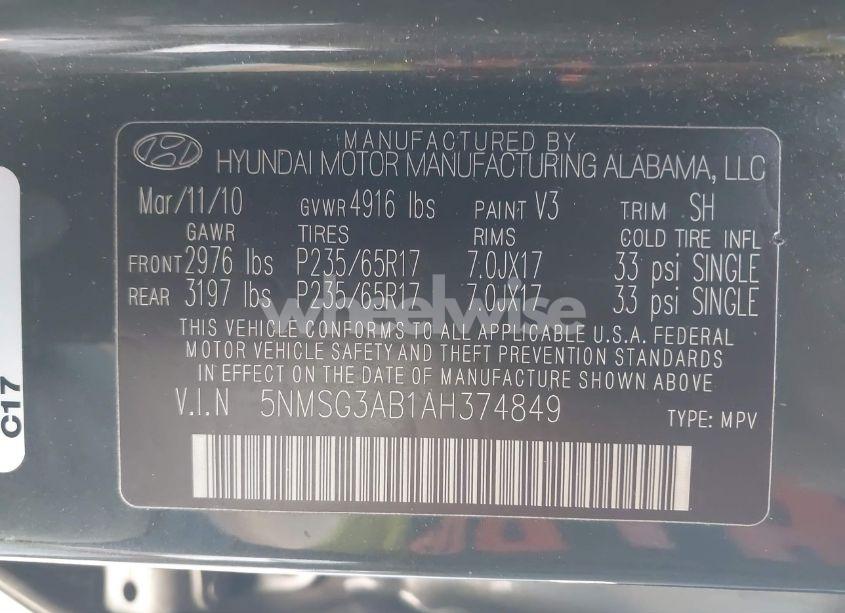 Photo 9 of 2010 Hyundai Santa FE GLS (VIN 5NMSG3AB1AH374849)