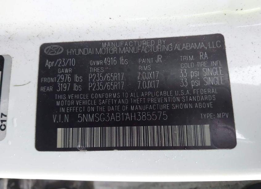 Photo 9 of 2010 Hyundai Santa FE GLS (VIN 5NMSG3AB1AH385575)