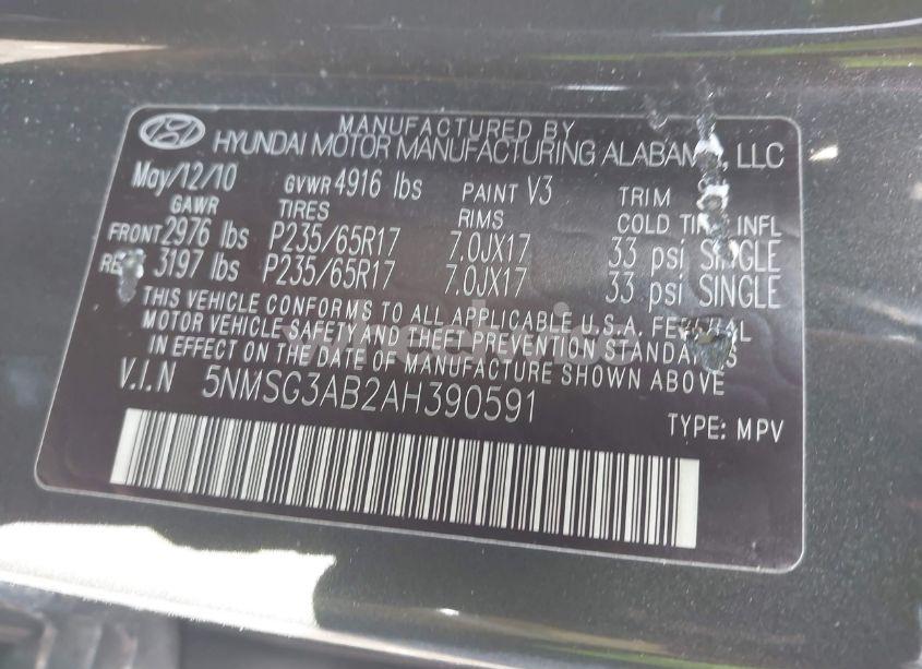 Photo 9 of 2010 Hyundai Santa FE GLS (VIN 5NMSG3AB2AH390591)