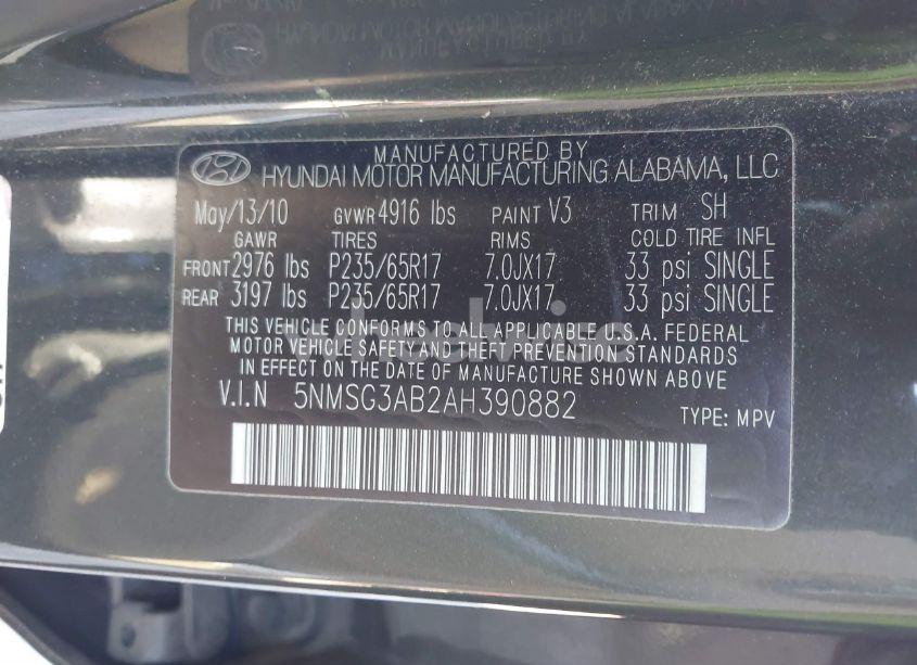Photo 9 of 2010 Hyundai Santa FE GLS (VIN 5NMSG3AB2AH390882)