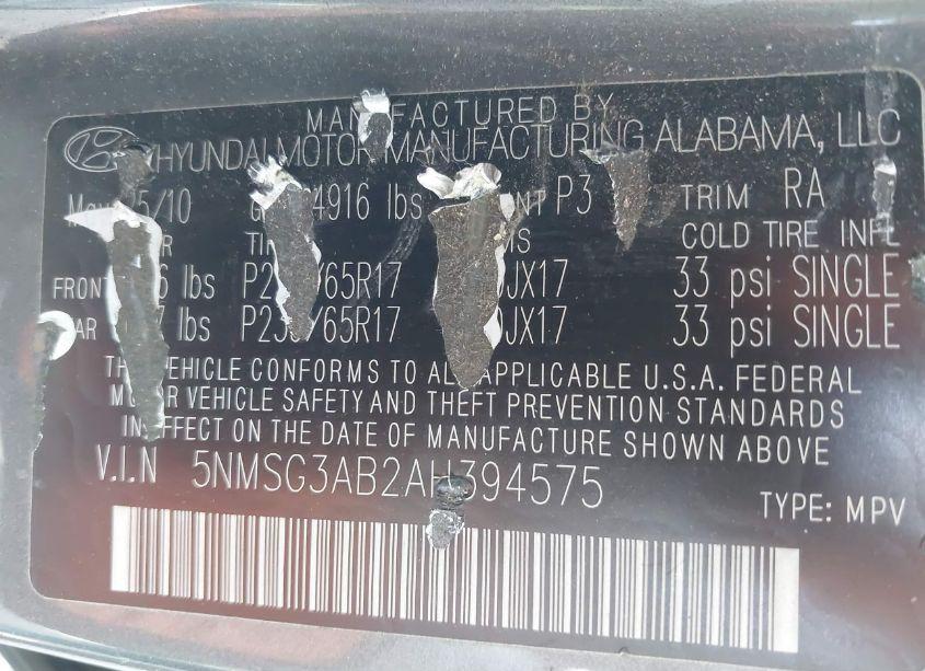 Photo 9 of 2010 Hyundai Santa FE GLS (VIN 5NMSG3AB2AH394575)