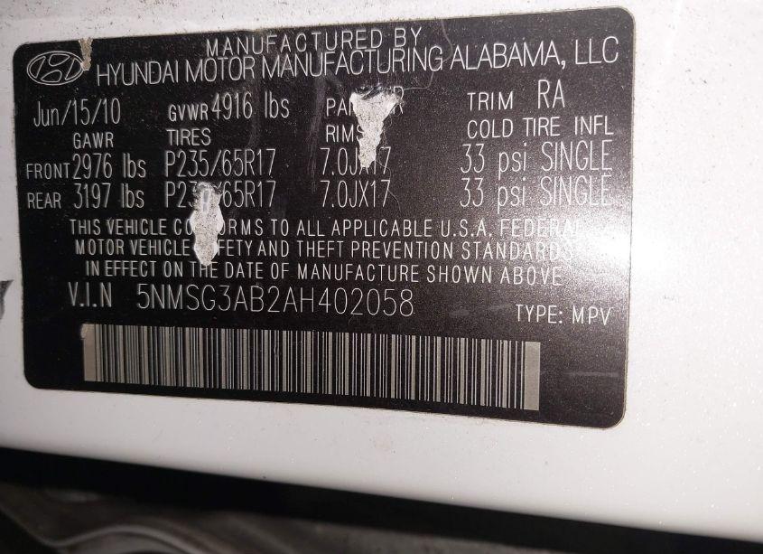 Photo 9 of 2010 Hyundai Santa FE GLS (VIN 5NMSG3AB2AH402058)