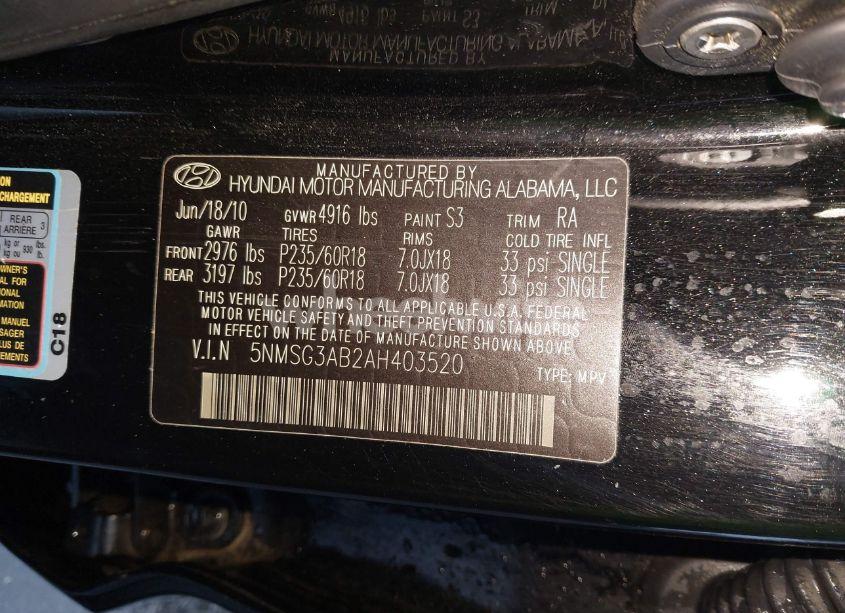 Photo 9 of 2010 Hyundai Santa FE GLS (VIN 5NMSG3AB2AH403520)