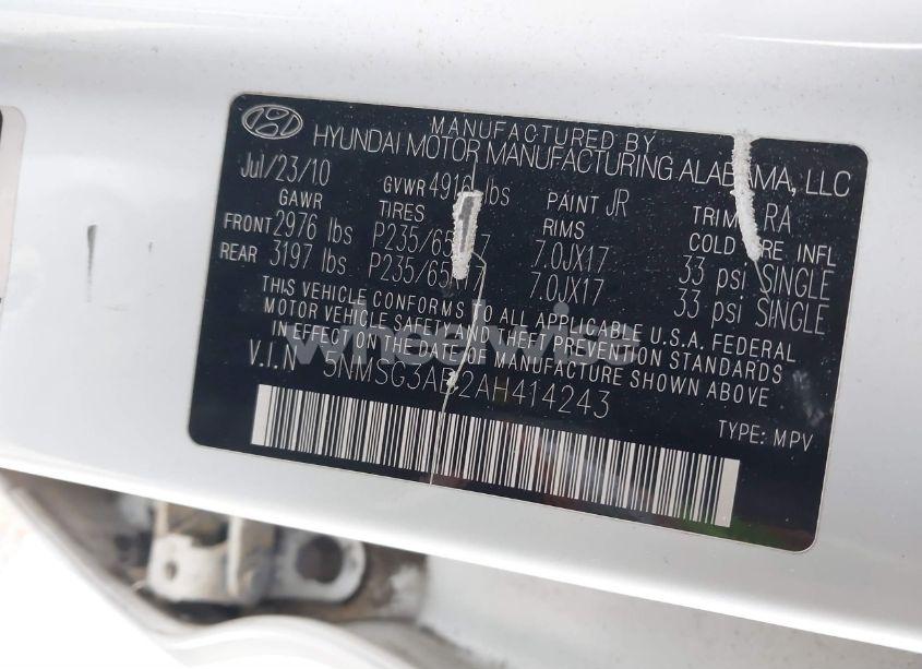 Photo 9 of 2010 Hyundai Santa FE GLS (VIN 5NMSG3AB2AH414243)
