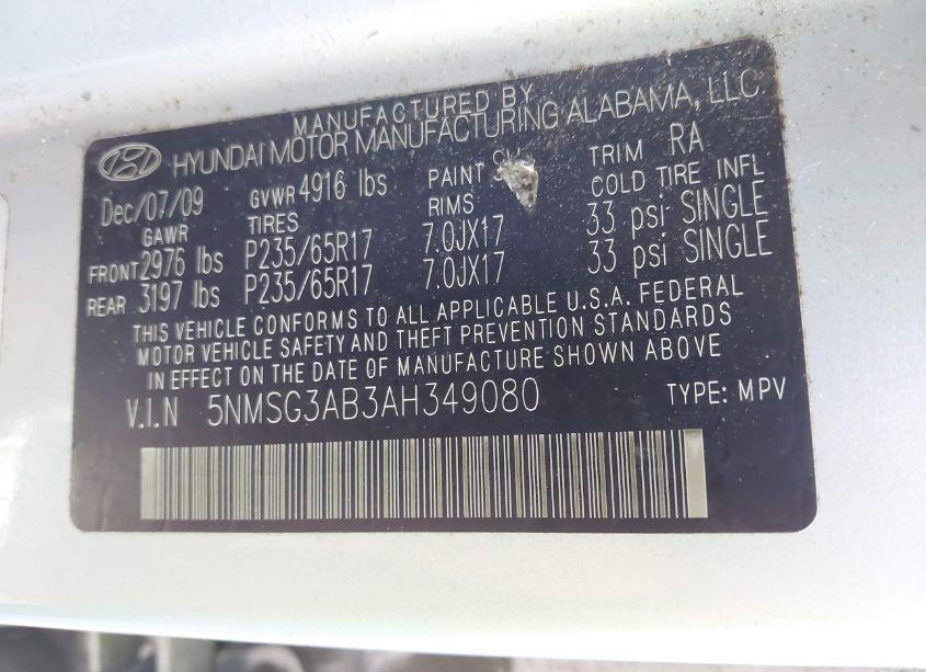 Photo 9 of 2010 Hyundai Santa FE GLS (VIN 5NMSG3AB3AH349080)