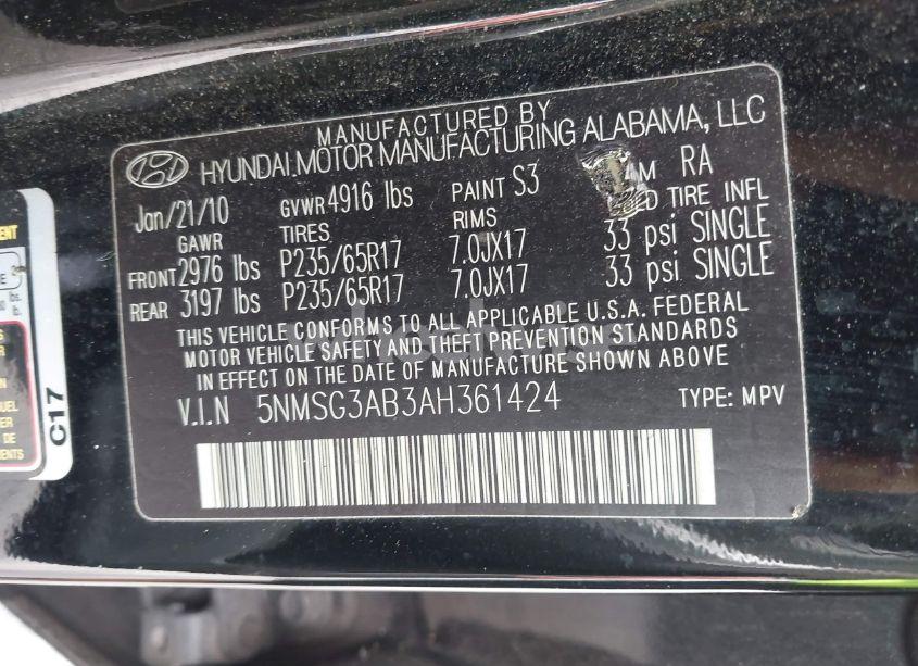 Photo 9 of 2010 Hyundai Santa FE GLS (VIN 5NMSG3AB3AH361424)