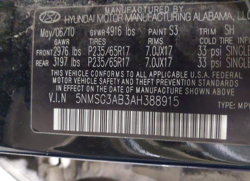 Photo 9 of 2010 Hyundai Santa FE GLS (VIN 5NMSG3AB3AH388915)