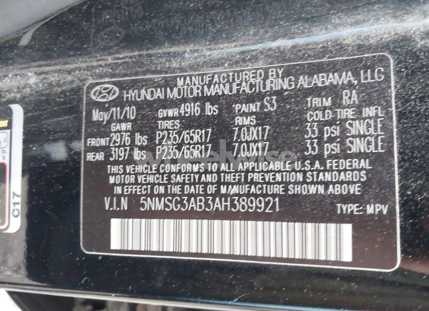 Photo 9 of 2010 Hyundai Santa FE GLS (VIN 5NMSG3AB3AH389921)