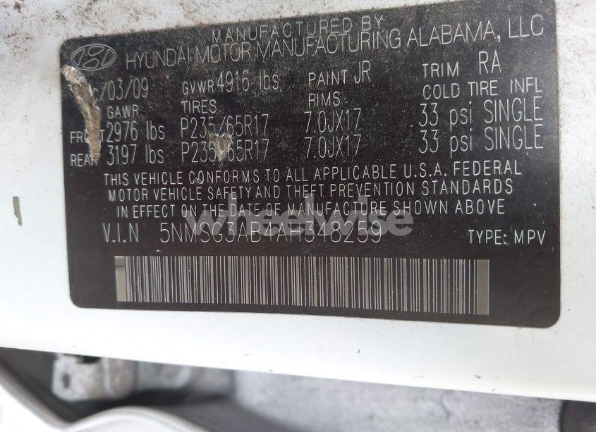 Photo 9 of 2010 Hyundai Santa FE GLS (VIN 5NMSG3AB4AH348259)