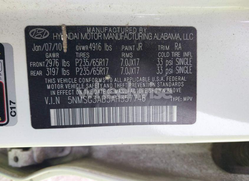 Photo 9 of 2010 Hyundai Santa FE GLS (VIN 5NMSG3AB5AH357746)