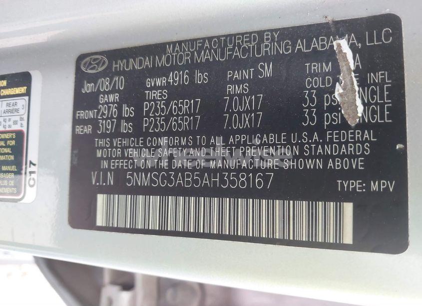 Photo 9 of 2010 Hyundai Santa FE GLS (VIN 5NMSG3AB5AH358167)