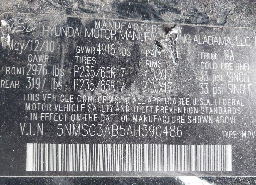 Photo 9 of 2010 Hyundai Santa FE GLS (VIN 5NMSG3AB5AH390486)