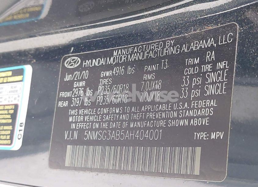 Photo 9 of 2010 Hyundai Santa FE GLS (VIN 5NMSG3AB5AH404001)