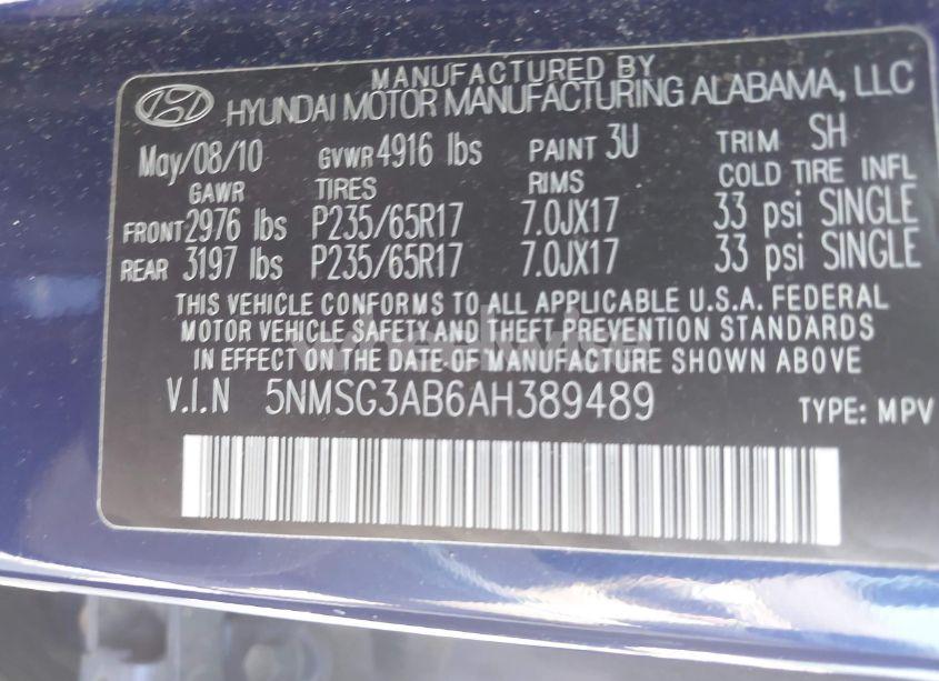 Photo 9 of 2010 Hyundai Santa FE GLS (VIN 5NMSG3AB6AH389489)