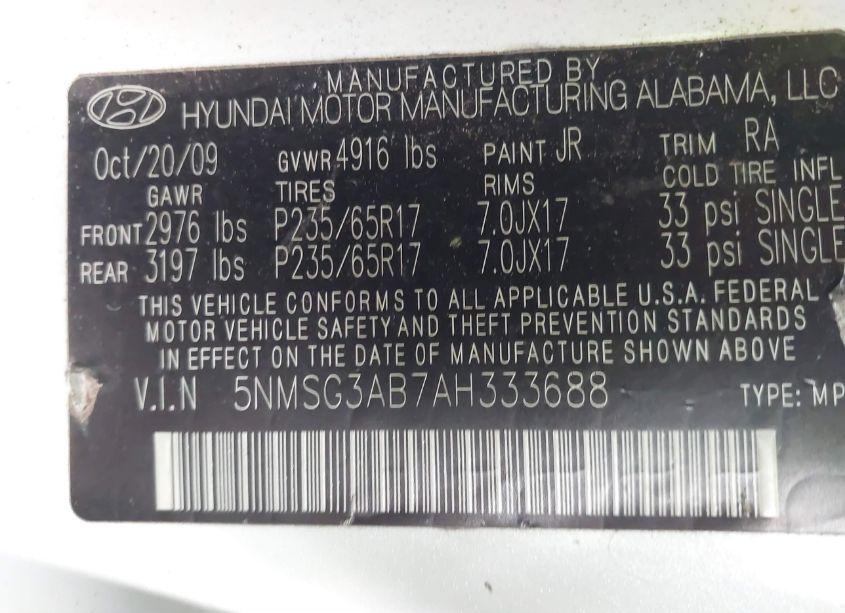 Photo 9 of 2010 Hyundai Santa FE GLS (VIN 5NMSG3AB7AH333688)