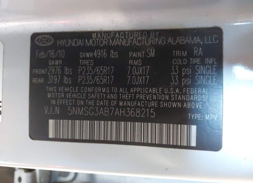 Photo 9 of 2010 Hyundai Santa FE GLS (VIN 5NMSG3AB7AH368215)