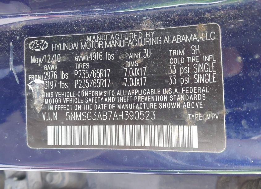 Photo 9 of 2010 Hyundai Santa FE GLS (VIN 5NMSG3AB7AH390523)