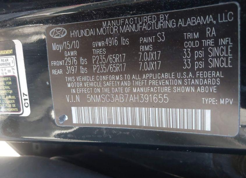 Photo 9 of 2010 Hyundai Santa FE GLS (VIN 5NMSG3AB7AH391655)