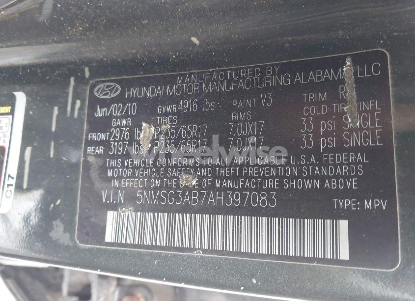 Photo 9 of 2010 Hyundai Santa FE GLS (VIN 5NMSG3AB7AH397083)