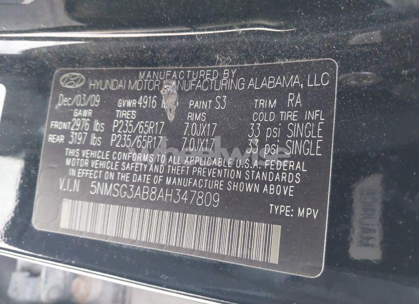 Photo 9 of 2010 Hyundai Santa FE GLS (VIN 5NMSG3AB8AH347809)