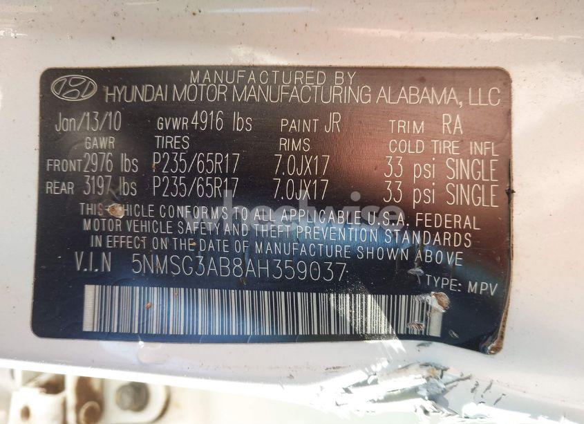 Photo 9 of 2010 Hyundai Santa FE GLS (VIN 5NMSG3AB8AH359037)
