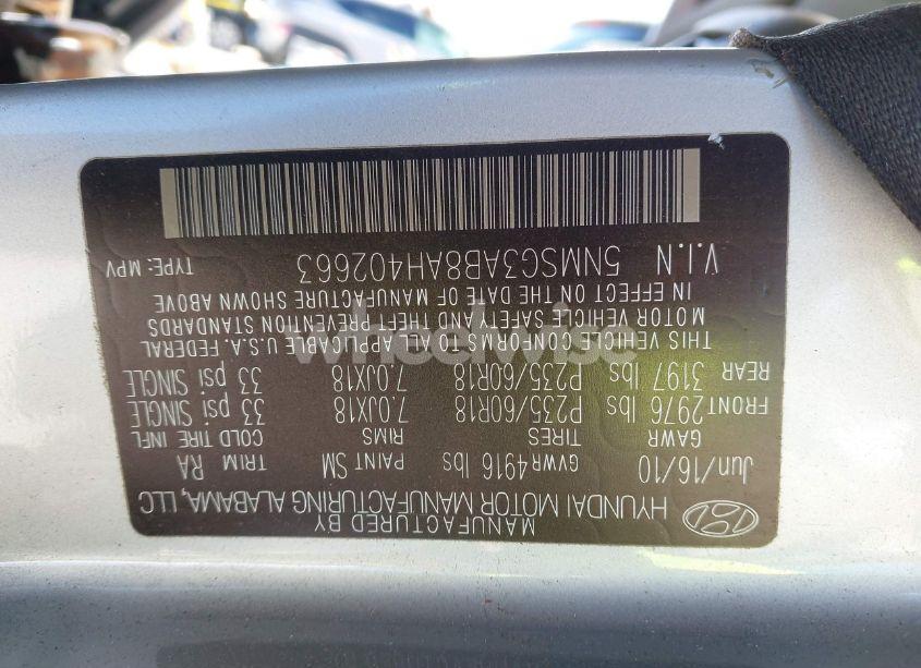 Photo 9 of 2010 Hyundai Santa FE GLS (VIN 5NMSG3AB8AH402663)