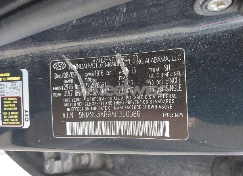 Photo 9 of 2010 Hyundai Santa FE GLS (VIN 5NMSG3AB9AH350086)