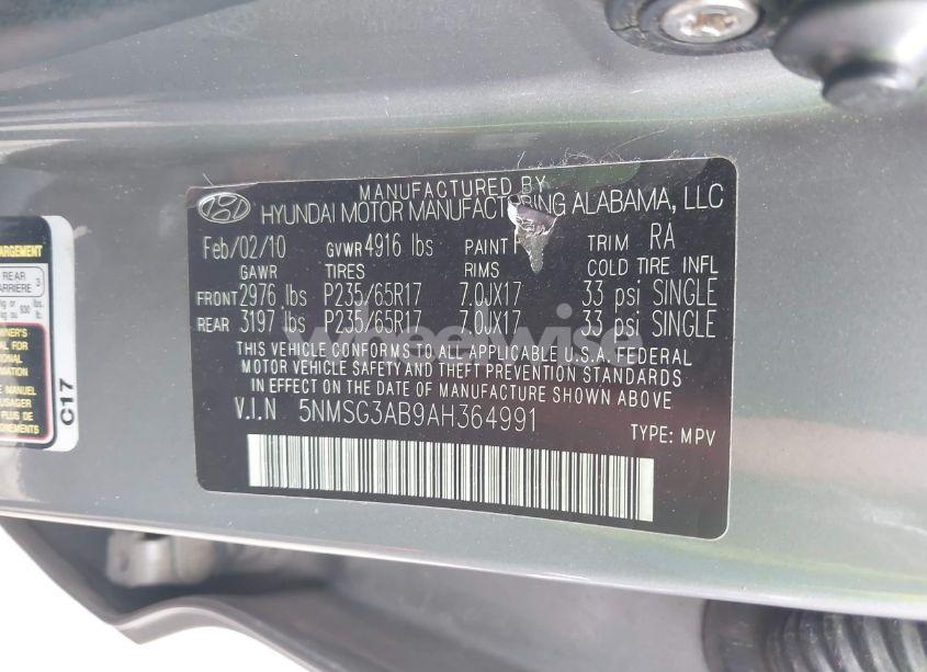 Photo 9 of 2010 Hyundai Santa FE GLS (VIN 5NMSG3AB9AH364991)