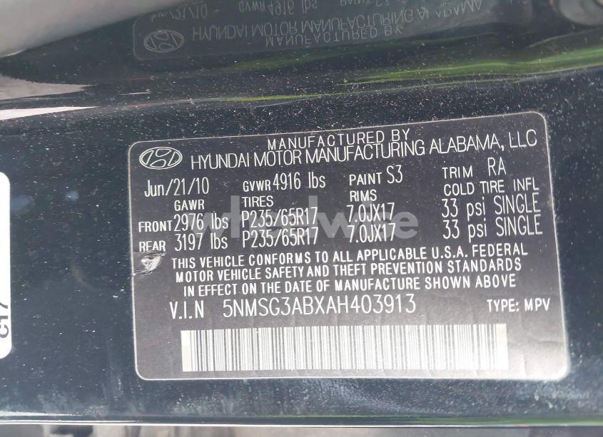 Photo 9 of 2010 Hyundai Santa FE GLS (VIN 5NMSG3ABXAH403913)