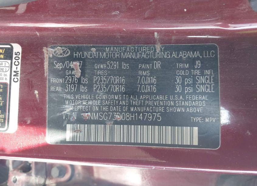 Photo 9 of 2008 Hyundai Santa FE GLS (VIN 5NMSG73D08H147975)