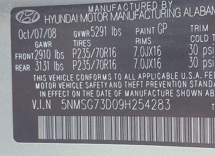 Photo 9 of 2009 Hyundai Santa FE GLS (VIN 5NMSG73D09H254283)