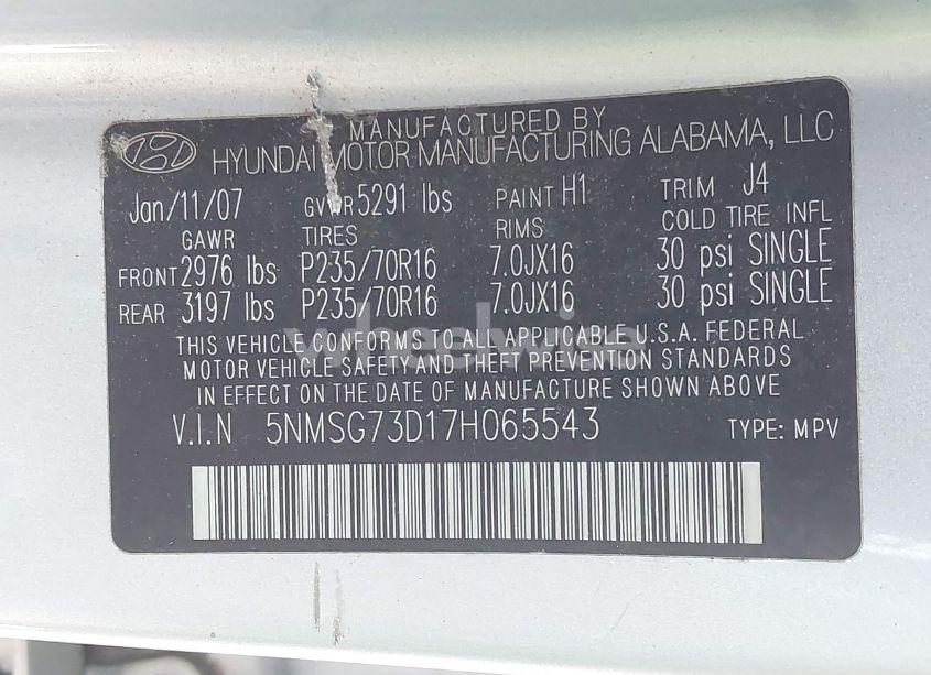 Photo 9 of 2007 Hyundai Santa FE GLS (VIN 5NMSG73D17H065543)