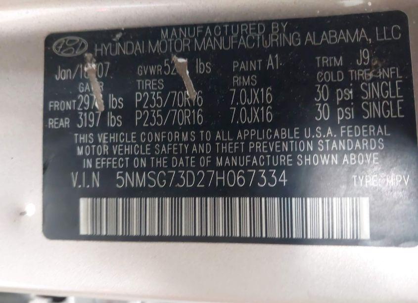 Photo 9 of 2007 Hyundai Santa FE GLS (VIN 5NMSG73D27H067334)