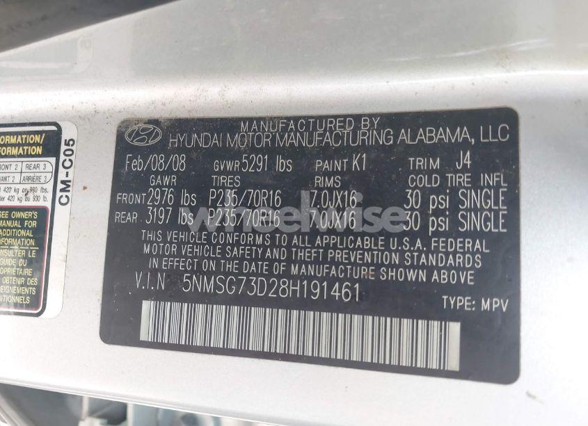 Photo 9 of 2008 Hyundai Santa FE GLS (VIN 5NMSG73D28H191461)