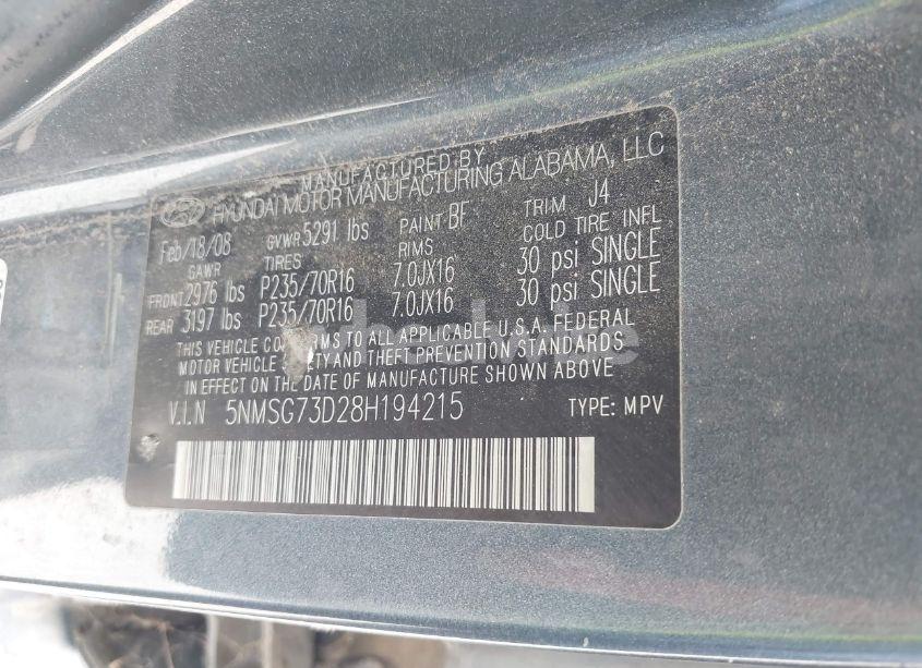 Photo 9 of 2008 Hyundai Santa FE GLS (VIN 5NMSG73D28H194215)