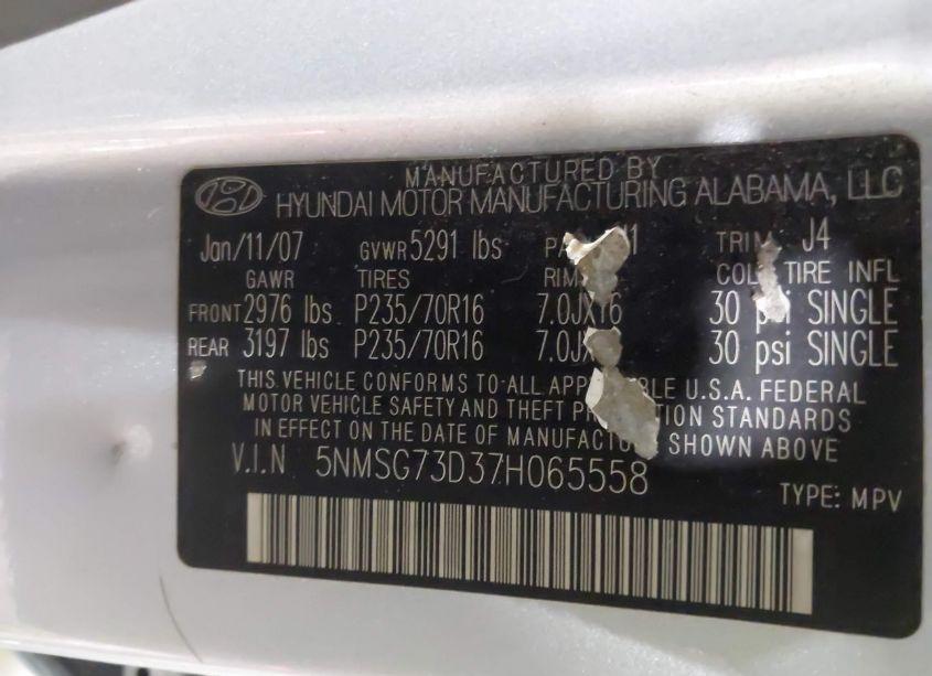 Photo 9 of 2007 Hyundai Santa FE GLS (VIN 5NMSG73D37H065558)